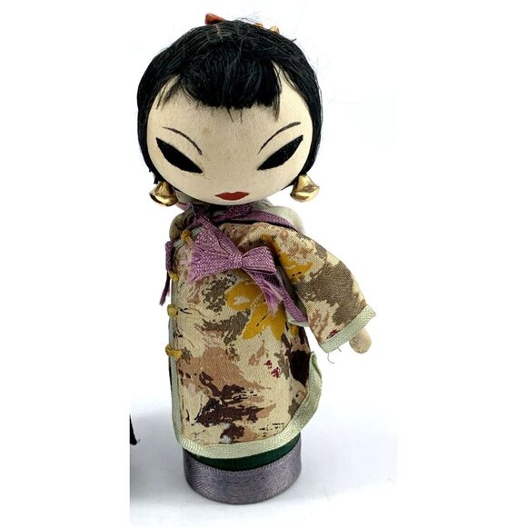 Asian Hand Made Folk Art Doll Family Wood Silk Cloth 6" Lot of 2 Vintage - Picture 4 of 11